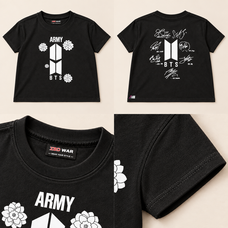تیشرت دخترانه مشکی طرح BTS ARMY و امضای اعضا